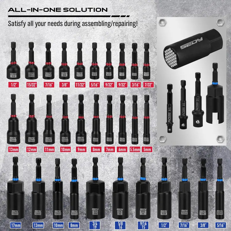 41/59/80-Piece Magnetic Impact Nut Driver Set – SAE & Metric Socket Set with Adapters & Extensions